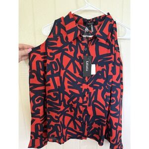 NWT Ligali Abstract Graffiti Print Cold Shoulder Button Down Blouse Large